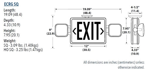 Lithonia ECRG HO SQ M6 Exit and Emergency Light Combo Unit, Red and Green Letter with Remote Capacity, Square Lamp Heads