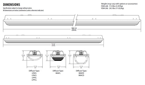Lithonia FEM L48 3000LM IMAFL WD MVOLT GZ10 40K 90CRI STSL 18W 48" LED Low-Profile Enclosed and Gasketed Industrial Light, 3000 Lumens, Acrylic Linear Ribbed Frosted Lens, Wide Distribution, 120-277V, 0-10V Dimming, 4000K, 90CRI, Stainless steel latches