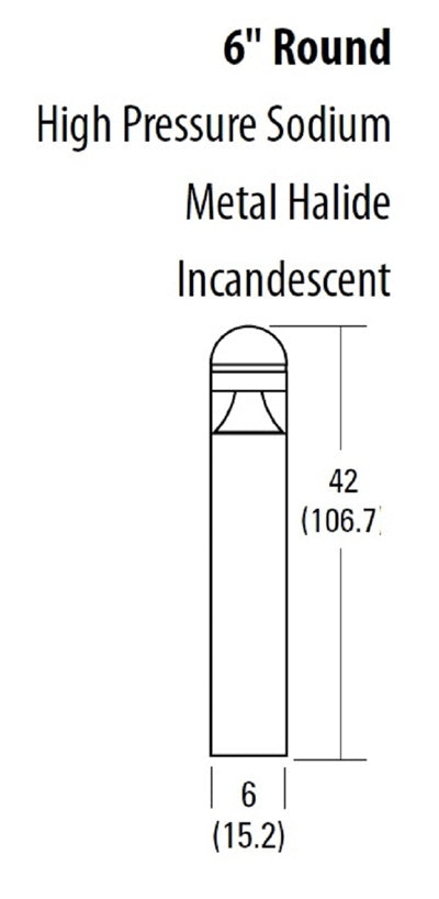 Lithonia KBR6 50S R5 347 DNAXD LPI 6" Round Architectural Bollard, 50W High Pressure Sodium, Type V Distribution, 347V, Magnetic Ballast, Natural Aluminum Super Durable Finish, Lamp Included