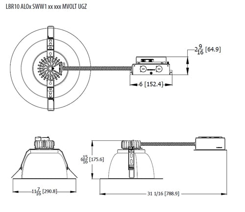 Lithonia LBR10 ALO4 SWW1 AR TRW LSS MWD MVOLT UGZ 10" Round Retrofit Downlight, 4000/4500/5000 Adjustable Lumen, Switchable CCT 3000/3500/4000/5000K, Clear Reflector, White Painted Flange, Semi-Specular Reflector, Medium Wide Dist, Dim to 10%