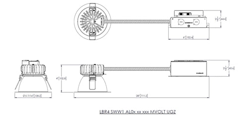 Lithonia LBR4 ALO2 SWW1 AR TRW LSS MWD MVOLT UGZ 4" Round Retrofit Downlight, 1000/1500/2000 Lumens, Switchable CCT, Clear Reflector, White Painted Flange, Semi-Specular Reflector Finish, Medium Wide Distribution, 120-277V, Univ Dim to 10%