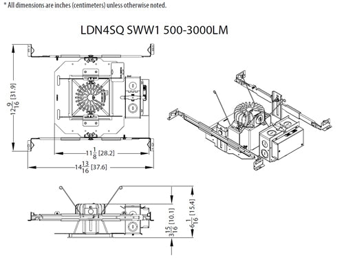 Lithonia LDN4SQ 30/05 MVOLT GZ10 HSG 4" Square Open Non-IC New Construction Downlight, 3000K, 500 Lumens, 0-10V Driver Dims to 10%