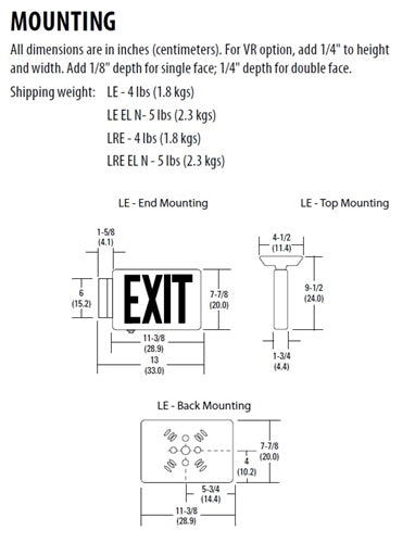 Lithonia LE S 1 G LED Exit Sign Die-Cast Aluminum, Surface Mount, Matte Black, Brushed Aluminum Face, Single Face, Green Letter, AC Only