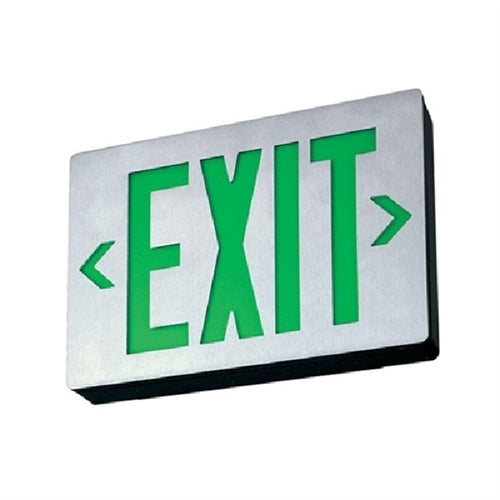 Lithonia LE S 2 G LED Exit Sign Die-Cast Aluminum, Surface Mount, Matte Black, Brushed Aluminum Face, Double Face, Green Letter, AC Only