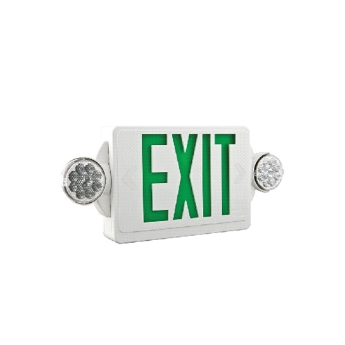 Lithonia LHQM LED G HO R0 M6 LED Emergency Light Exit Sign Combo White Thermoplastic 2-Lamp Single Face Quantum Green Letters Battery Backup, Less Lamp Heads