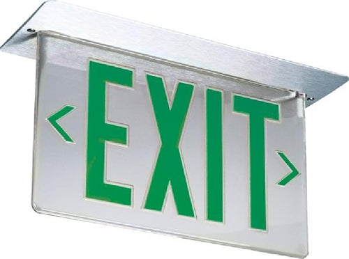 Lithonia LRP 1 GC 120/277 LED Edge Lit Exit Sign, Brushed Aluminum Housing, Green Letters on Clear Background, No Directional Indicator, 120-277V