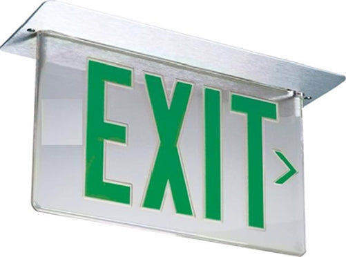 Lithonia LRP W 1 GC RA 120/277LED Edge Lit Exit Sign, White Housing, Single Face, Green on Clear, Right Indicator, 120-277V, AC Only, Ceiling or Back Mount, Complete Exit Panel and Rough-In Section