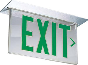 Lithonia LRP W 1 GC RA 120/277LED Edge Lit Exit Sign, White Housing, Single Face, Green on Clear, Right Indicator, 120-277V, AC Only, Ceiling or Back Mount, Complete Exit Panel and Rough-In Section