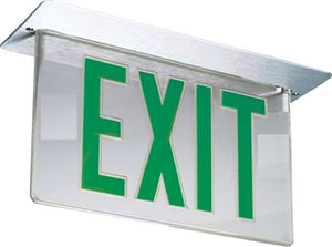 Lithonia LRP W 1 GC 120/277LED Edge Lit Exit Sign, White Housing, Single Face, Green on Clear, No Indicator, 120-277V, AC Only, Ceiling or Back Mount, Complete Exit Panel and Rough-In Section