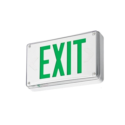 Lithonia LV S W 2 G 120/277 UM All-Condition LED Exit Light, Stencil Face, White Faceplate on White Housing, Single Face, Green Letter, 120/277V, Universal Mount