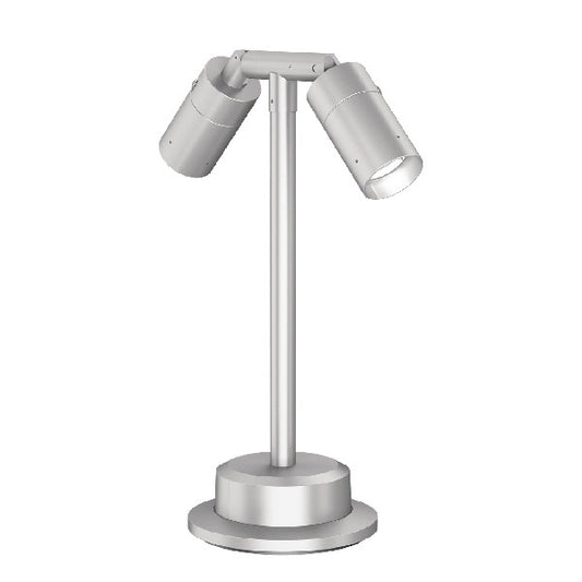 Lumiere 1002-P2-RCS-FL-LED2797-F-CS-14-L1-UNV-RSM 20W Lanterra 1002 LED Pathway Floodlight, 2 Heads, Center Rear Swivel, Flush Lens Hood, 2700K, 97 CRI, Flood Optic, City Silver Finish, 14" Stem, 120-277, Mounts Directly to Junction Box