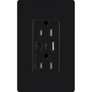 Lutron CAR-15-ACTR-BL 15A Dual Type A and C USB Receptacle, Tamper Resistant in Black