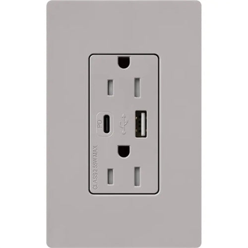 Lutron CAR-15-ACTR-GR 15A Dual Type A and C USB Receptacle, Tamper Resistant in Gray