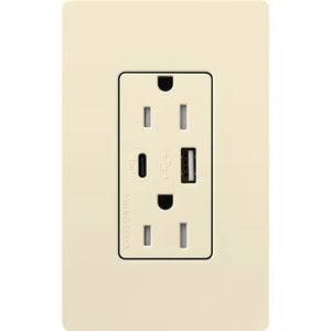 Lutron CAR-15-CCTR-AL Claro 15A Dual Type USB Type C and C USB Receptacle, Tamper Resistant in Almond