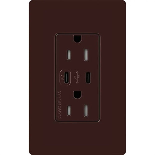 Lutron CAR-15-CCTR-BR Claro 15A Dual Type USB Type C and C USB Receptacle, Tamper Resistant in Brown