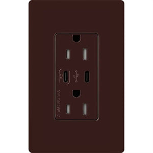 Lutron CAR-15-CCTR-BR Claro 15A Dual Type USB Type C and C USB Receptacle, Tamper Resistant in Brown