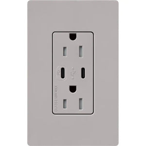 Lutron CAR-15-CCTR-GR Claro 15A Dual Type USB Type C and C USB Receptacle, Tamper Resistant in Gray