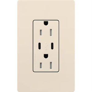 Lutron CAR-15-CCTR-LA Claro 15A Dual Type USB Type C and C USB Receptacle, Tamper Resistant in Light Almond