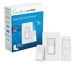 Lutron DVRF-PKG1D-WH Diva Smart Dimmer Light Switch 3-Way Kit for Caseta Smart Lighting, w/Plate, Pico Remote, Wallmount Bracket, and Label Stickers, No Neutral Required
