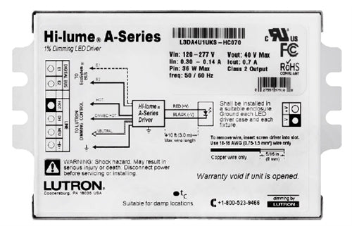 Lutron L3DA4U1UKN-HC050 Hi-lume A-Series Constant Current LED Dimming Driver 0.20 A-0.70 A, EcoSystem or 3-wire Control