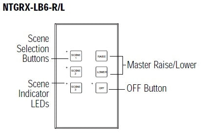 Lutron NTGRX-LB6-RL-IV Grafik Eye 4-Large Button with Raise/Lower Wallstation in Ivory