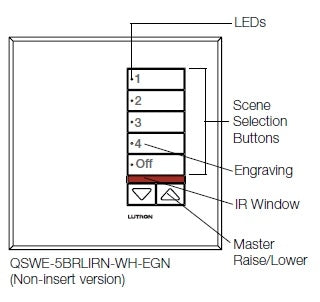 Lutron QSWE-5BRLIRN-SC seeTouch QS Wallstation 5-Button Wallstation with Infrared Receiver and Raise/Lower for Grafik Eye QS System, Non Insert Style in Satin Chrome Unengraved