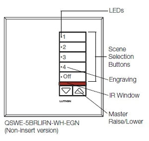 Lutron QSWE-5BRLIRN-SC seeTouch QS Wallstation 5-Button Wallstation with Infrared Receiver and Raise/Lower for Grafik Eye QS System, Non Insert Style in Satin Chrome Unengraved