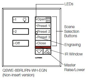 Lutron QSWE-8BRLIRN-SC seeTouch QS Wallstation 8-Button Wallstation with Infrared Receiver and Raise/Lower for Grafik Eye QS System, Non Insert Style in Satin Chrome Unengraved