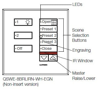 Lutron QSWE-8BRLIRN-SC seeTouch QS Wallstation 8-Button Wallstation with Infrared Receiver and Raise/Lower for Grafik Eye QS System, Non Insert Style in Satin Chrome Unengraved