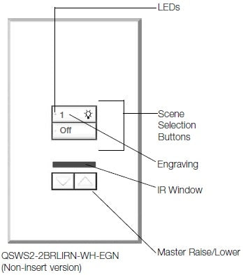 Lutron QSWS2-2BRLIRN-WH seeTouch QS Wallstation 2-Button Wallstation with Infrared Receiver and Raise/Lower for Grafik Eye QS System, Non Insert Style in White Unengraved
