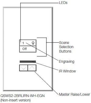 Lutron QSWS2-2BRLIRN-WH seeTouch QS Wallstation 2-Button Wallstation with Infrared Receiver and Raise/Lower for Grafik Eye QS System, Non Insert Style in White Unengraved