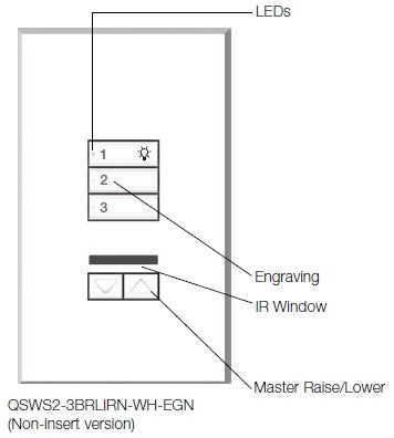 Lutron QSWS2-3BRLIRN-WH seeTouch QS Wallstation 3-Button Wallstation with Infrared Receiver and Raise/Lower for Grafik Eye QS System, Non Insert Style in White Unengraved