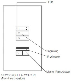Lutron QSWS2-3BRLIRN-WH seeTouch QS Wallstation 3-Button Wallstation with Infrared Receiver and Raise/Lower for Grafik Eye QS System, Non Insert Style in White Unengraved
