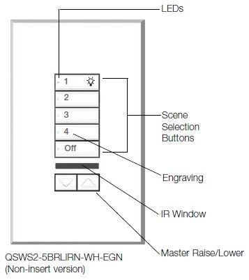 Lutron QSWS2-5BRLIRN-WH seeTouch QS Wallstation 5-Button Wallstation with Infrared Receiver and Raise/Lower for Grafik Eye QS System, Non Insert Style in White Unengraved