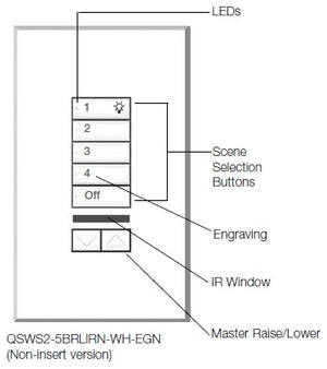 Lutron QSWS2-5BRLIRN-WH seeTouch QS Wallstation 5-Button Wallstation with Infrared Receiver and Raise/Lower for Grafik Eye QS System, Non Insert Style in White Unengraved