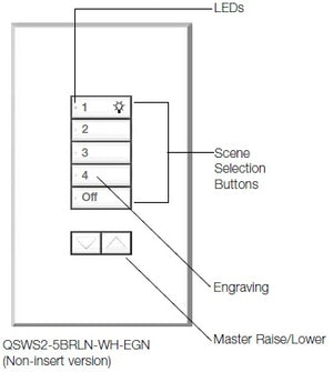 Lutron QSWS2-5BRLN-WH seeTouch QS Wallstation 5-Button Wallstation with Raise/Lower for Grafik Eye QS System, Non Insert Style in White Unengraved