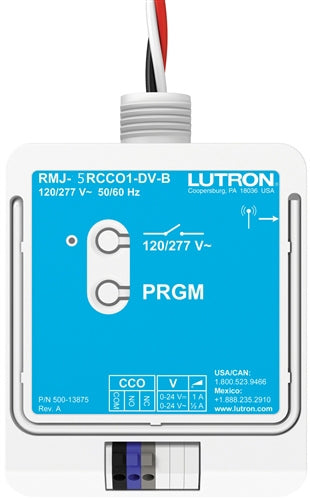 Lutron RMJ-5RCCO1-DV-B PowPak relay module 5A 120-277V, 434 MHz, J-box Knockout Mount, with contact closure output
