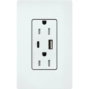 Lutron SCR-15-ACTR-GL Claro 15A Dual Type A and C USB Receptacle, Tamper Resistant in Glacier White