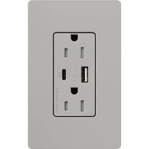 Lutron SCR-15-ACTR-PB Claro 15A Dual Type A and C USB Receptacle, Tamper Resistant in Pebble