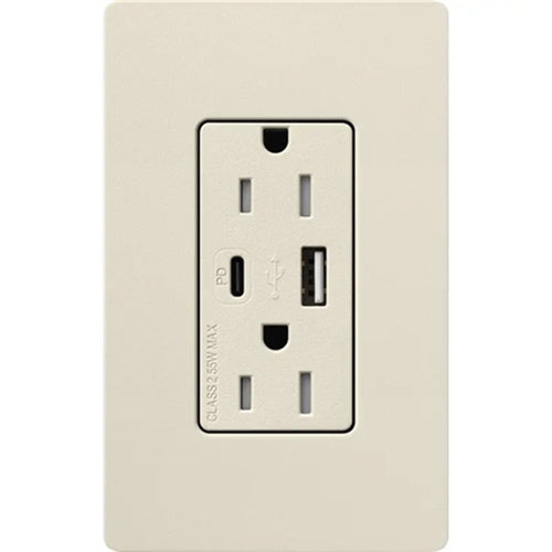 Lutron SCR-15-ACTR-PM Claro 15A Dual Type A and C USB Receptacle, Tamper Resistant in Pumice