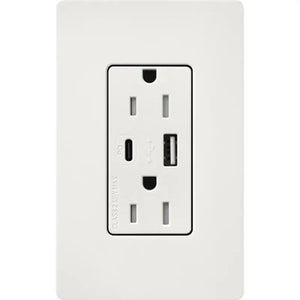 Lutron SCR-15-ACTR-RW Claro 15A Dual Type A and C USB Receptacle, Tamper Resistant in Architectural White