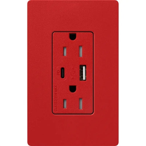 Lutron SCR-15-ACTR-SR Claro 15A Dual Type A and C USB Receptacle, Tamper Resistant in Signal Red
