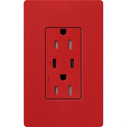 Lutron SCR-15-CCTR-SR Claro Satin 15A Dual Type USB Type C and C USB Receptacle, Tamper Resistant in Signal Red