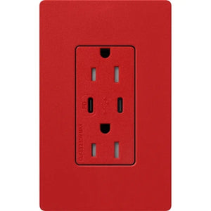 Lutron SCR-15-CCTR-SR Claro Satin 15A Dual Type USB Type C and C USB Receptacle, Tamper Resistant in Signal Red