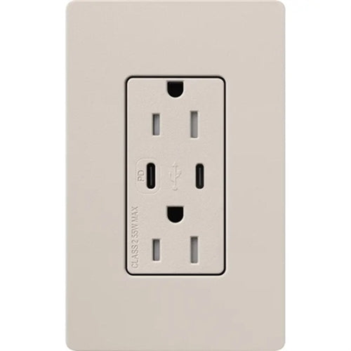 Lutron SCR-15-CCTR-TP Claro Satin 15A Dual Type USB Type C and C USB Receptacle, Tamper Resistant in Taupe