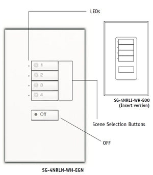 Lutron SG-4NRLN-WH-EGN SeeTouch 4-Scene Wallstation with Off For Grafik Eye 3000 System, Non Insert Style in White with Engraving