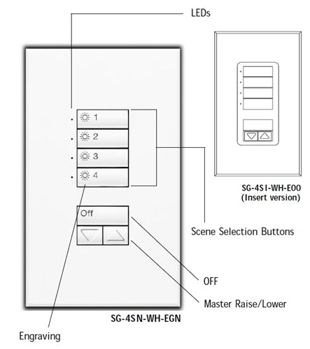 Lutron SG-4SN-SN-E00 SeeTouch 4-Scene Wallstation with Off and Raise/Lower For Grafik Eye 3000 System, Non Insert Style in Satin Nickel Unengraved