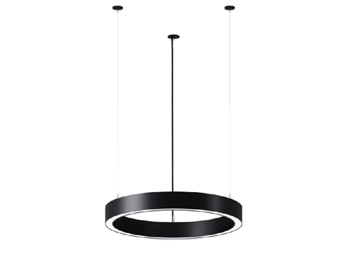 Neo Ray DFN2DP-RG2F0060DS940-FLL-1DUDD-SC04T1B 2" Define Geo Ring, Direct Susp, 2' Ring Pattern, 6000 Lumens, 4000K, 90 CRI, Frosted Lens, Single Circuit, 120-277V, 0-10V, Silver Body, 4' Air Craft Cable Collector, 15/16in T-Grid, Black