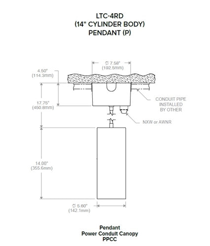 Prescolite LTC-4RD-P-PCC-20L-35K-8-MD-DM1-WC 4" Round Cylinder LED Downlight, Pendant Mounting, Power Conduit Canopy, 2000 Lumens, 3500K, 80 CRI, Medium Dist, 0-10V Dim to 1%, Painted White Cone and Flange
