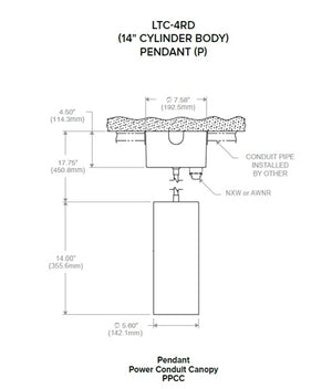 Prescolite LTC-4RD-P-PCC-20L-35K-8-MD-DM1-WC 4" Round Cylinder LED Downlight, Pendant Mounting, Power Conduit Canopy, 2000 Lumens, 3500K, 80 CRI, Medium Dist, 0-10V Dim to 1%, Painted White Cone and Flange